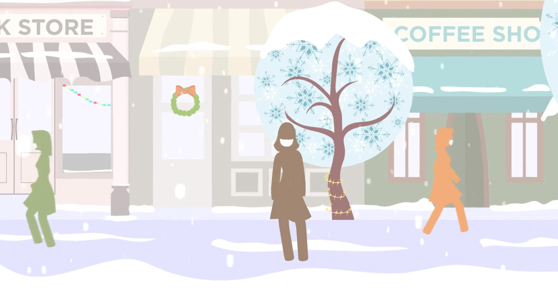 Video thumbnail of 2D figures walking on snowy street during Christmas shopping